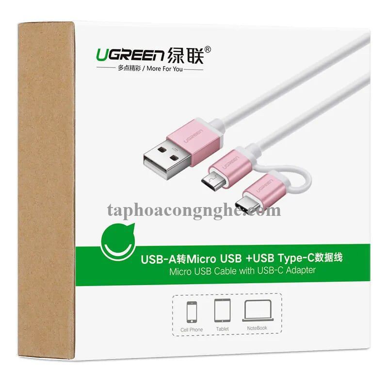 Ugreen 30542 0.5M màu Hồng Cáp USB-A sang Micro USB + USB-C cao cấp US177 30030542